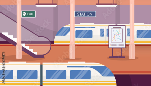 Subway station concept. Trains and staircase. Travel and trip, journey. Urban infrastructure. Rapid transit for people and citizens. Poster or banner. Cartoon flat vector illustration