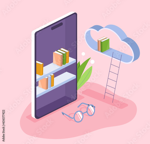 Online library at smartphone concept. Knowledge and information. Bookshelves with books. Useful hobby and love of literature. Education and training. Cartoon isometric vector illustration