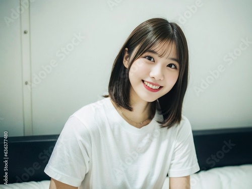 A Beautiful Asian Japanese Girl 19-25 years old in white t-shirt, Happy smile, looks at the camera on White Background. generative AI