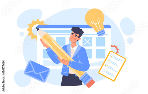 Man planning concept. Organization of effective workflow and time management. Goal setting and motivation. Young guy with pencil near large calendar. Cartoon flat vector illustration