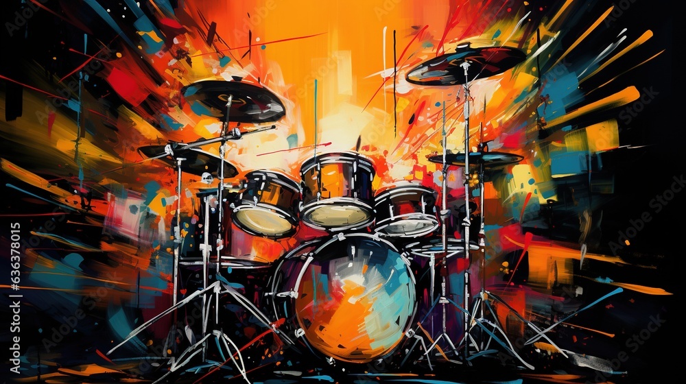 Generative AI, Jazz music street art with drums musical instrument silhouette. Ink colorful graffiti art on a textured wall, canvas background	
