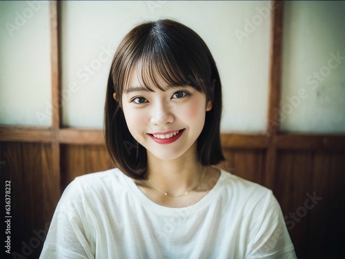  A charming and beautiful Japanese/Asian girl wearing a white round neck t-shirt as she looks directly at the camera, her warm smile radiating joy and positivity. generative AI.