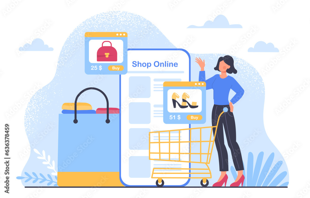 Woman with online shop concept. Electronic commerce and marketing, home delivery. Young girl with cart chooses goods on internet. Shoes and bag at smartphone. Cartoon flat vector illustration