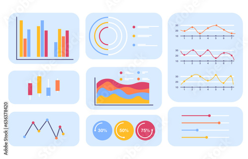 Set of diagrams concept. Infographics and statistics, data visualization. Multicolored graphics. Investment and trading, business analytics. Flat vector collection isolated on white background