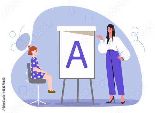 Little girl at speech therapy concept. Speech therapist teaches child to pronounce letters. Education and training. Doctor with patient. Communication and interaction. Cartoon flat vector illustration