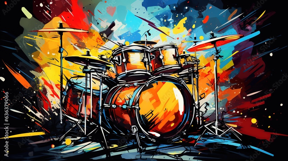 Generative AI, Jazz music street art with drums musical instrument silhouette. Ink colorful graffiti art on a textured wall, canvas background.