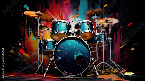 Generative AI, Jazz music street art with drums musical instrument silhouette. Ink colorful graffiti art on a textured wall, canvas background. © DELstudio
