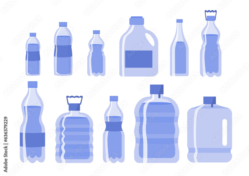 Set of water in bottles concept. Fight against thirst, water salt balance. Purity and freshness. Template, layout and mock up. Cartoon flat vector collection isolated on white background Set of water in bottles concept. Fight against thirst, water salt balance. Purity and freshness. Template, layout and mock up. Cartoon flat vector collection isolated on white background