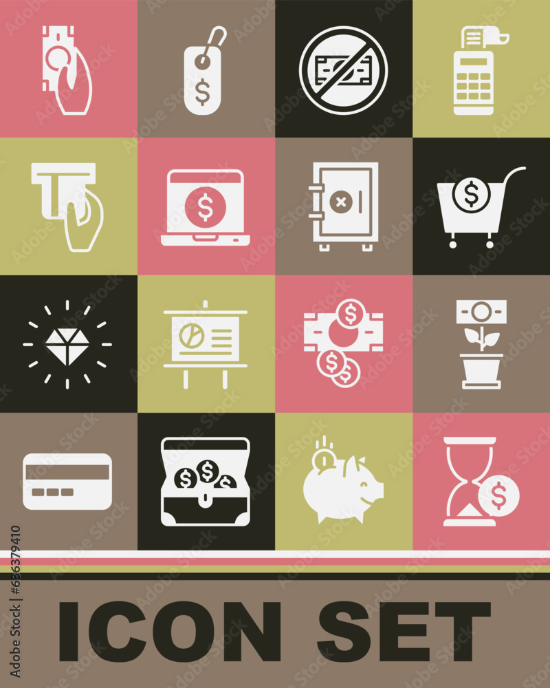 Set Hourglass with dollar, Money plant in the pot, Shopping cart and, No money, Laptop, Credit card inserted, Fast payments and Safe icon. Vector Set Hourglass with dollar, Money plant in the pot, Shopping cart and, No money, Laptop, Credit card inserted, Fast payments and Safe icon. Vector