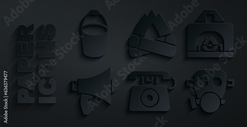 Set Telephone call 911, Interior fireplace, Megaphone, Gas mask, Campfire and Fire bucket icon. Vector