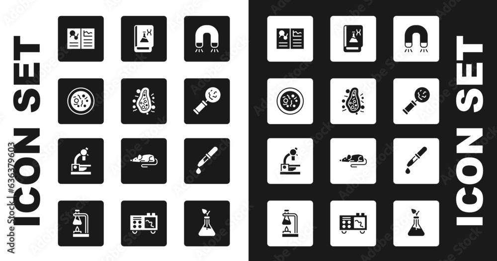 Set Magnet, Bacteria, Petri dish with bacteria, Clinical record, Microorganisms under magnifier, Genetic engineering book, Pipette and Microscope icon. Vector Set Magnet, Bacteria, Petri dish with bacteria, Clinical record, Microorganisms under magnifier, Genetic engineering book, Pipette and Microscope icon. Vector