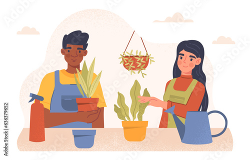 People caring for plants concept. Man and woman with flowerpots. Botany and agriculture, gardening and horticulture. Comfort and coziness in apartment. Cartoon flat vector illustration
