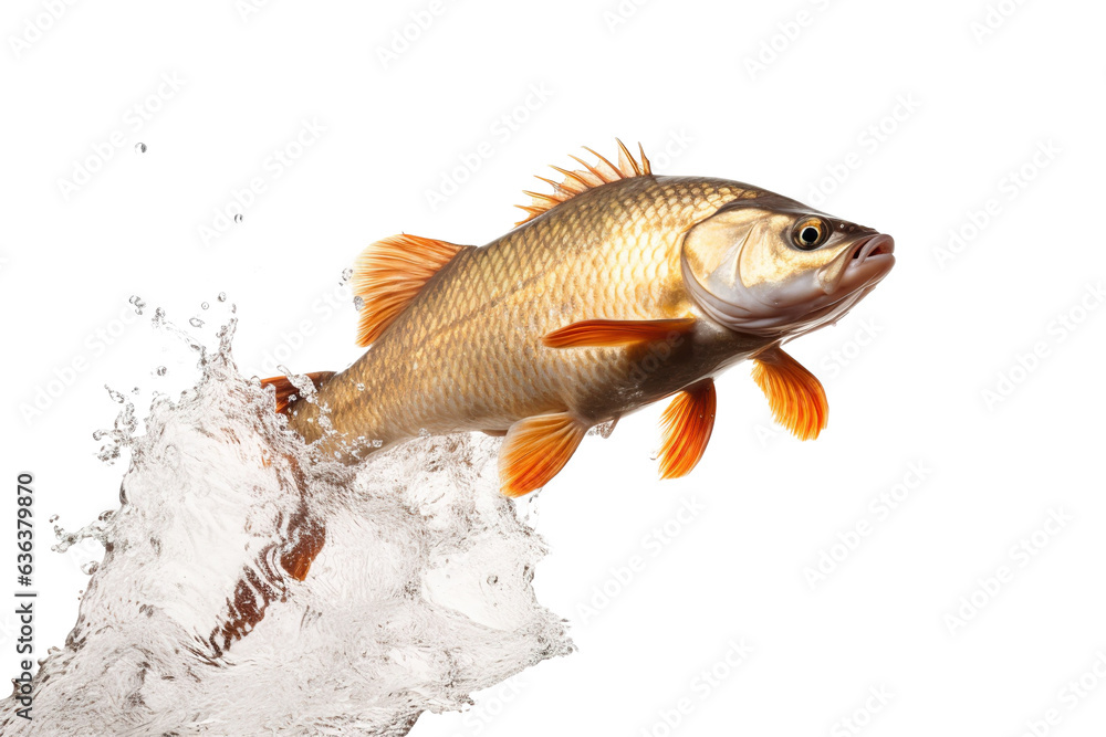 fresh Carp fish jumping out of the water, white background isolated PNG