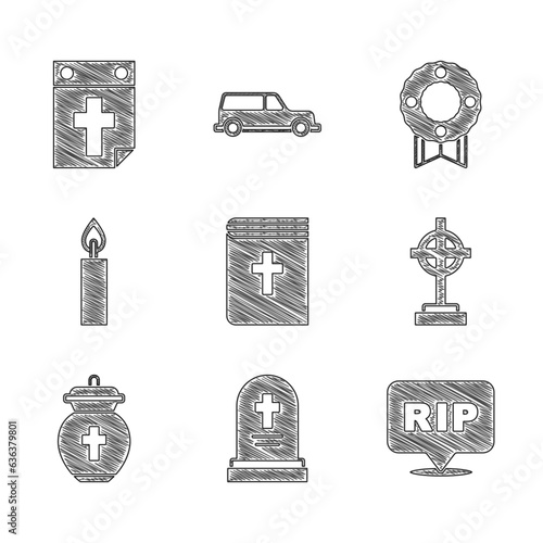 Set Holy bible book, Grave with tombstone, Speech bubble rip death, cross, Funeral urn, Burning candle, Memorial wreath and Calendar icon. Vector