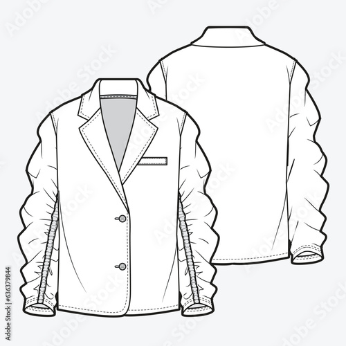 Ladies blazer jacket front and back view technical flat drawing vector template