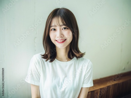 A charming and beautiful Japanese/Asian girl wearing a white round neck t-shirt as she looks directly at the camera, her warm smile radiating joy and positivity. generative AI.