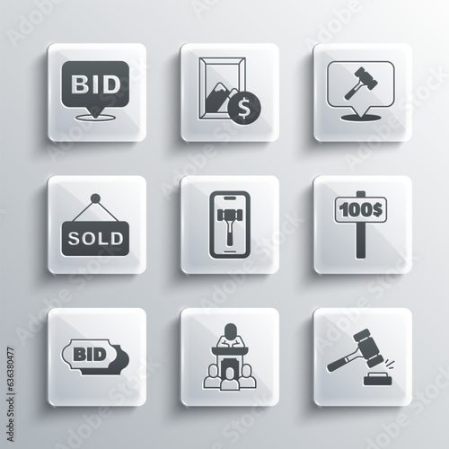 Set Auction auctioneer sells, hammer, Hand holding paddle, Online, Bid, sold, and icon. Vector