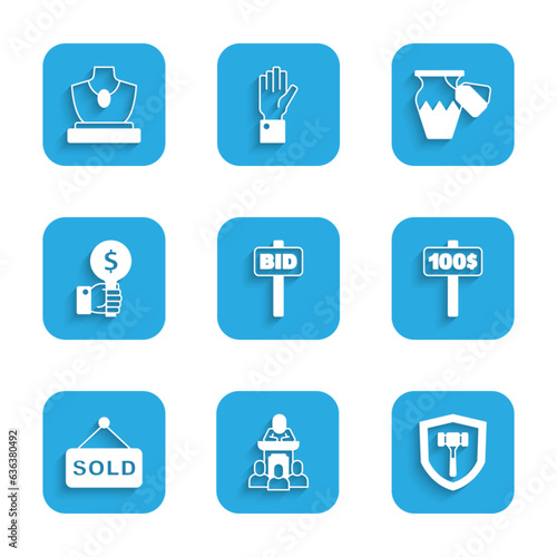 Set Hand holding auction paddle, Auction auctioneer sells, hammer, sold, ancient vase and jewelry sale icon. Vector