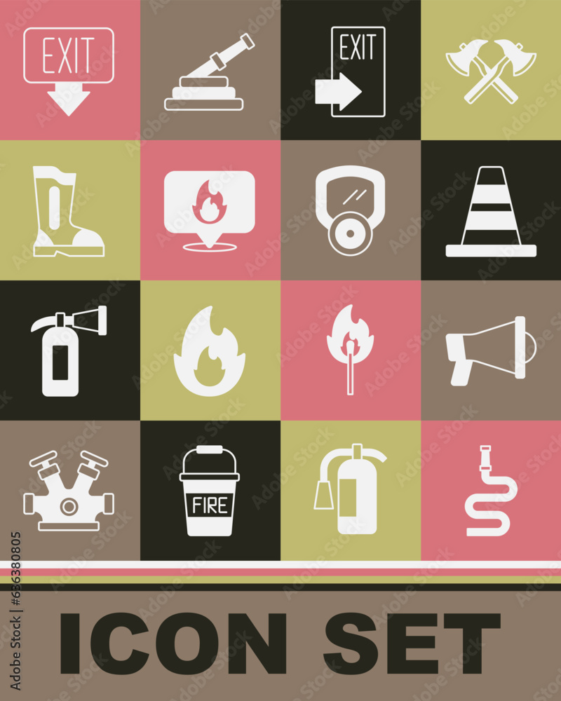 Set Fire hose reel, Megaphone, Traffic cone, exit, Location with fire flame, boots, and Gas mask icon. Vector Set Fire hose reel, Megaphone, Traffic cone, exit, Location with fire flame, boots, and Gas mask icon. Vector