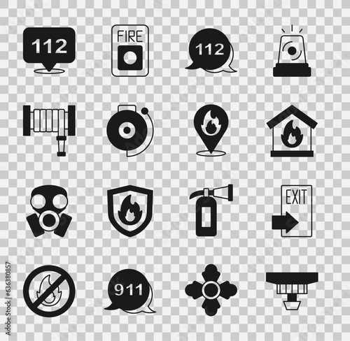 Set Smoke alarm system, Fire exit, in burning house, Emergency call, Ringing bell, hose reel, and Location with fire flame icon. Vector