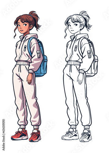 Back to school. A teenage girl with a backpack is walking to school. The schoolgirl is dressed in a hoodie, sweatpants and sneakers. Female student character. Vector illustration
