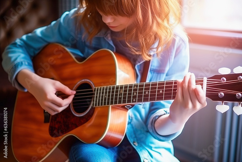 A teenage girl is learning to play the guitar.