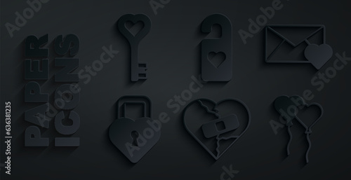 Set Healed broken heart or divorce, Envelope with Valentine, Castle the shape of, Balloons form, Please do not disturb and Key icon. Vector