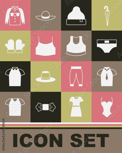 Set Swimsuit, Shirt, Men underpants, Beanie hat, Female crop top, Christmas mittens, and icon. Vector