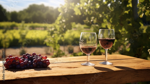 wooden tabletop with two glasses of red wine and a bunch of red grapes against the backdrop of a vineyard on a sunny day. Generative Ai.