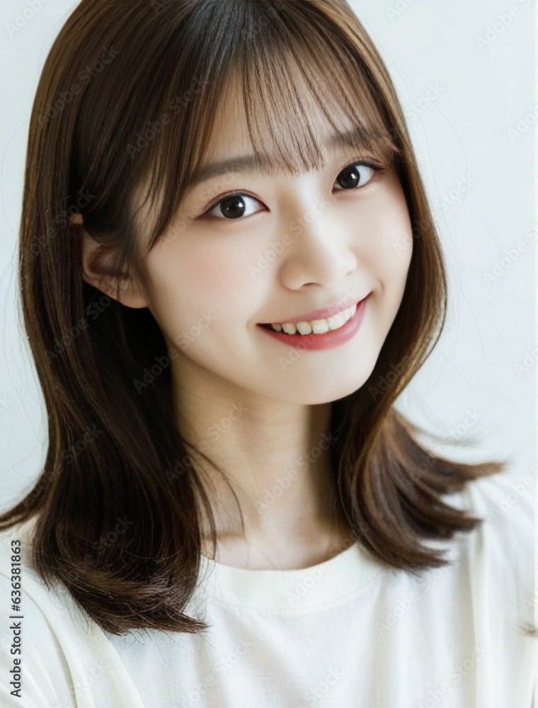 A polite and beautiful Japanese/Asian girl wearing a white round neck t-shirt as she looks at the angle slightly off the camera, her warm smile radiating joy and positivity. In a room. generative AI. A polite and beautiful Japanese/Asian girl wearing a white round neck t-shirt as she looks at the angle slightly off the camera, her warm smile radiating joy and positivity. In a room. generative AI.
