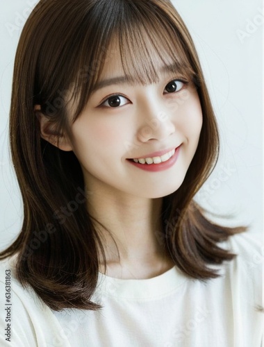 A polite and beautiful Japanese/Asian girl wearing a white round neck t-shirt as she looks at the angle slightly off the camera, her warm smile radiating joy and positivity. In a room. generative AI.