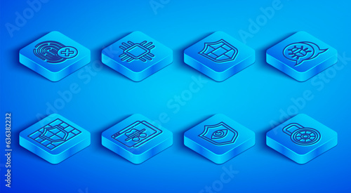 Set line Cancelled fingerprint, Processor with microcircuits CPU, Shield brick wall, Browser incognito window, and eye, System bug, and Safe combination lock icon. Vector