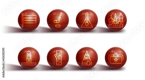 Set line National Russia flag, Slavic pagan idol, Saint Basil's Cathedral, The Tsar bell, Birch tree, Ice hockey stick and puck, Ushanka and Balalaika icon. Vector