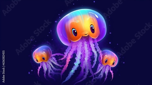 Cartoon illustration brightly colored baby Jellyfish.Generative AI