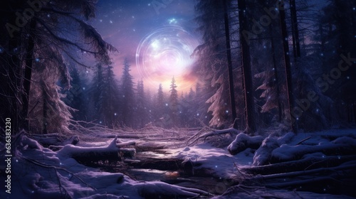 Mystical night, fantasy dark winter forest. © vlntn