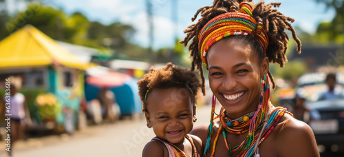 Young afro caribbean smiling mother and child in a summer day