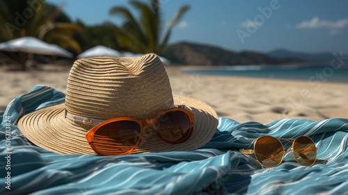 Summer background  concept beach vacation  sunny sand beach with summer cap  sunglass and towel  summer beach background 