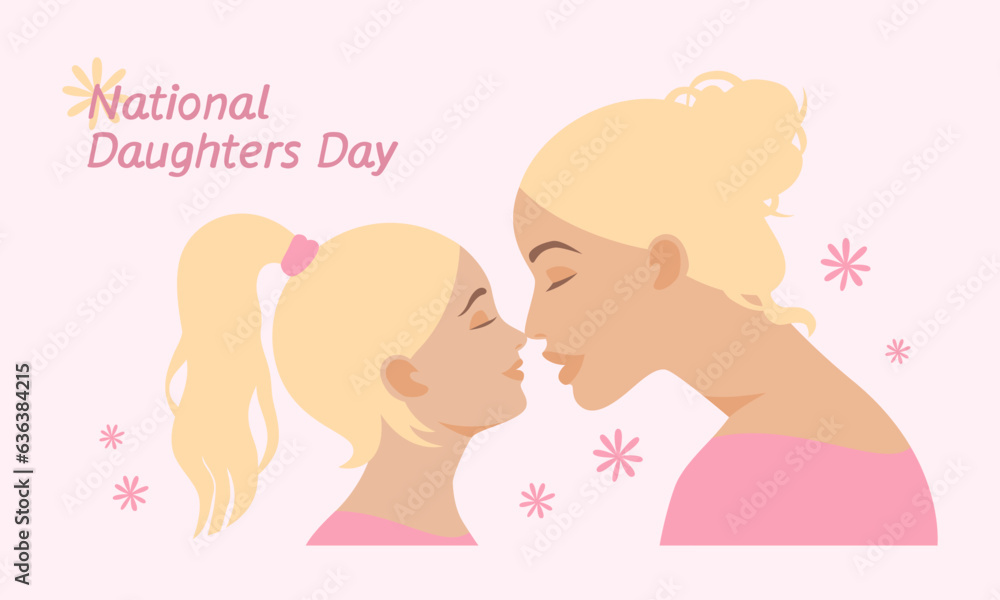 National Daughters Day. Mom and daughter. Abstract portrait in profile, together, opposite each other. Vector flat illustration. National Daughters Day. Mom and daughter. Abstract portrait in profile, together, opposite each other. Vector flat illustration.