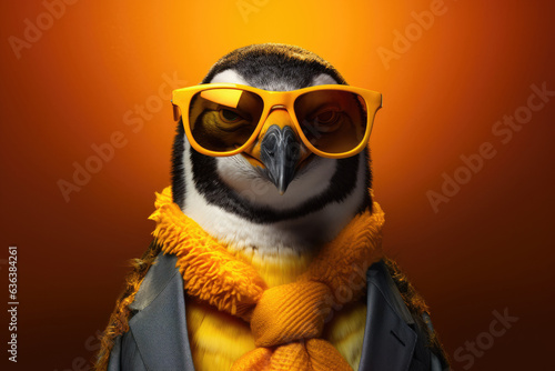 Stylish portrait of dressed up imposing anthropomorphic penguin wearing glasses and suit on vibrant orange background with copy space. Funny pop art illustration.