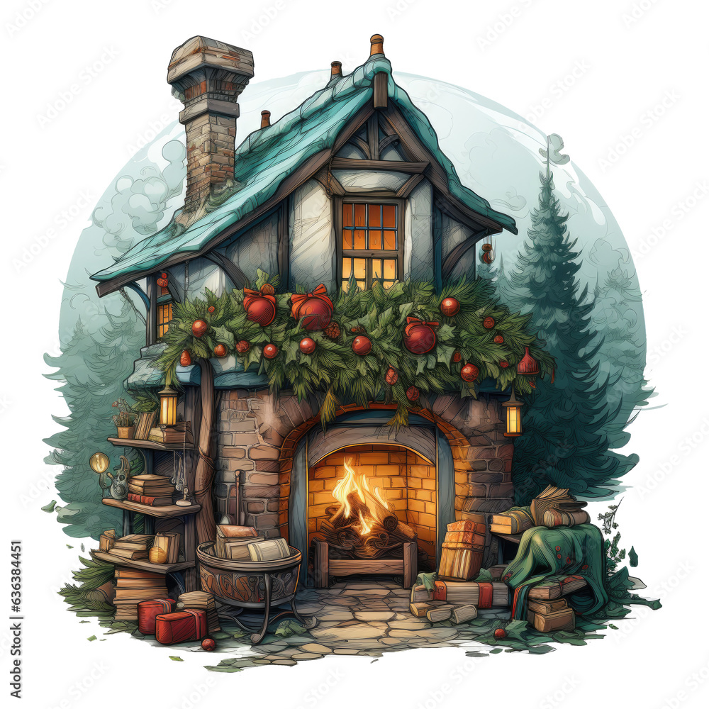 A cozy Christmas tree t-shirt design set in a charming cottage, with a fireplace crackling and the Christmas tree adorned with wooden ornaments and rustic decorations, Generative Ai