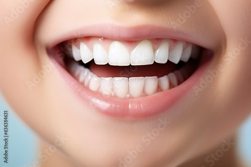 Child smile showing teeth close up. White teeth of a child isolated. Child dental health poster concept photo