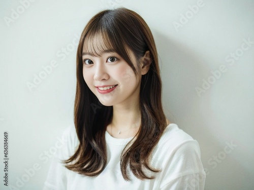 A beautiful Japanese/Asian girl wearing a white round neck t-shirt as she looks at the angle slightly off the camera, her warm smile radiating joy and positivity. In a room. generative AI.