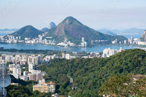 Brazil: the postcard skyline of Rio de Janeiro seen from Rocinha, the most famous favela of the city, with view of mountains, skyscrapers, lagoon, Guanabara Bay and Atlantic Ocean