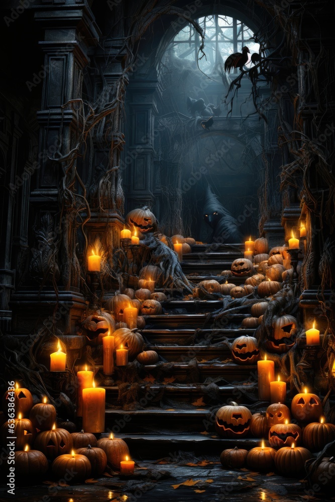 Create a captivating Halloween background with mysterious and haunting elements, using a mix of dark and eerie colors to evoke a sense of excitement and thrill during the spooky season Create a captivating Halloween background with mysterious and haunting elements, using a mix of dark and eerie colors to evoke a sense of excitement and thrill during the spooky season