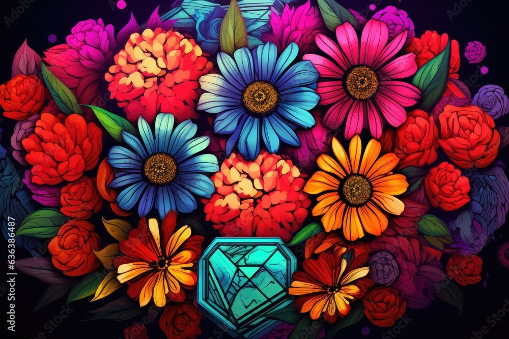 A neon hexagon, shimmering with electric brilliance, encircles a collection of vibrant flowers, all rendered in a contemporary digital art style