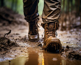 A pair of worn hiking boots covered in mud while walking through the deep mud on a wet dirt trail. 