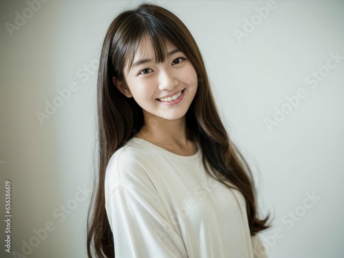 Portrait of a Beautiful long hair Asian Japanese Girl 19-25 years old in white t-shirt, Happy smile, looks at the camera on White Background. generative AI