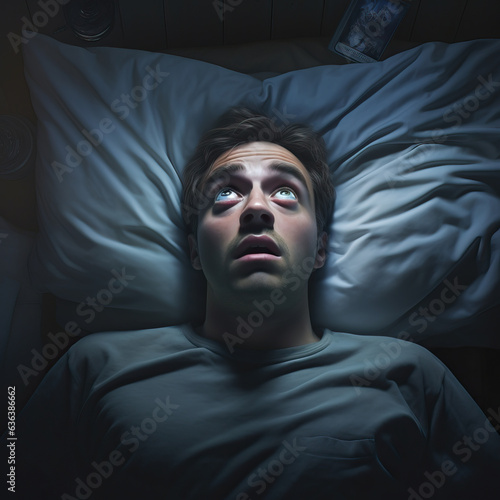 A man is lying in his bed, staring at the ceiling. Unable to fall asleep, he's either frightened or suffering from insomnia. His eyes are wide open.