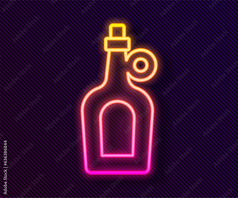 Glowing neon line Bottle of maple syrup icon isolated on black background. Vector Glowing neon line Bottle of maple syrup icon isolated on black background. Vector