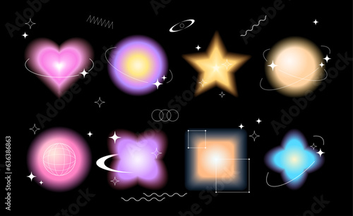 Set of blurred glowing graphic shapes, retro graphics, blurred objects in a white futuristic frames and stars.